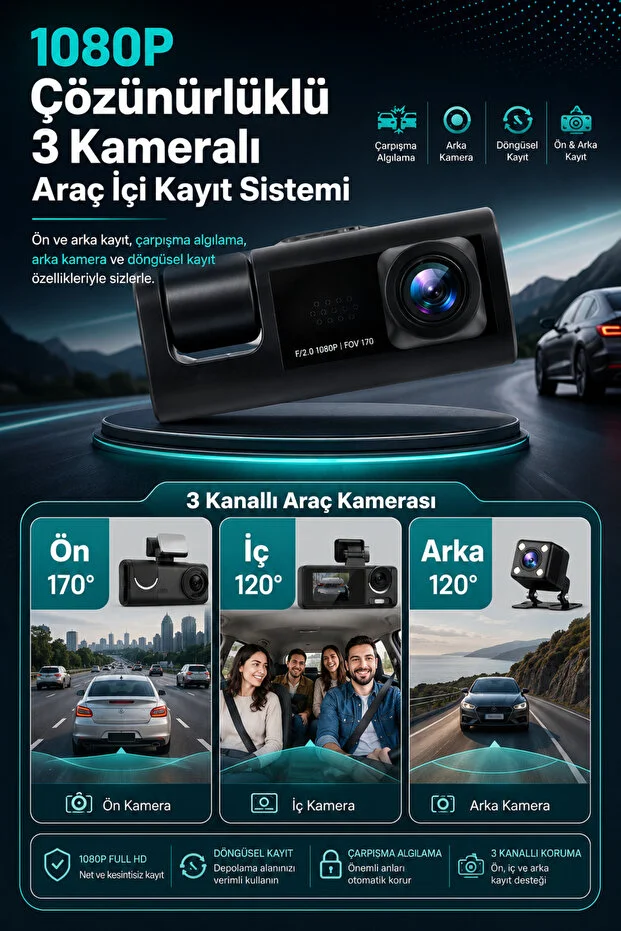Araç İçi HD Kamera 3 Kameralı Wifi Özellikli 1080P Full HD Gece Görüşlü G-Sensör Dashcam